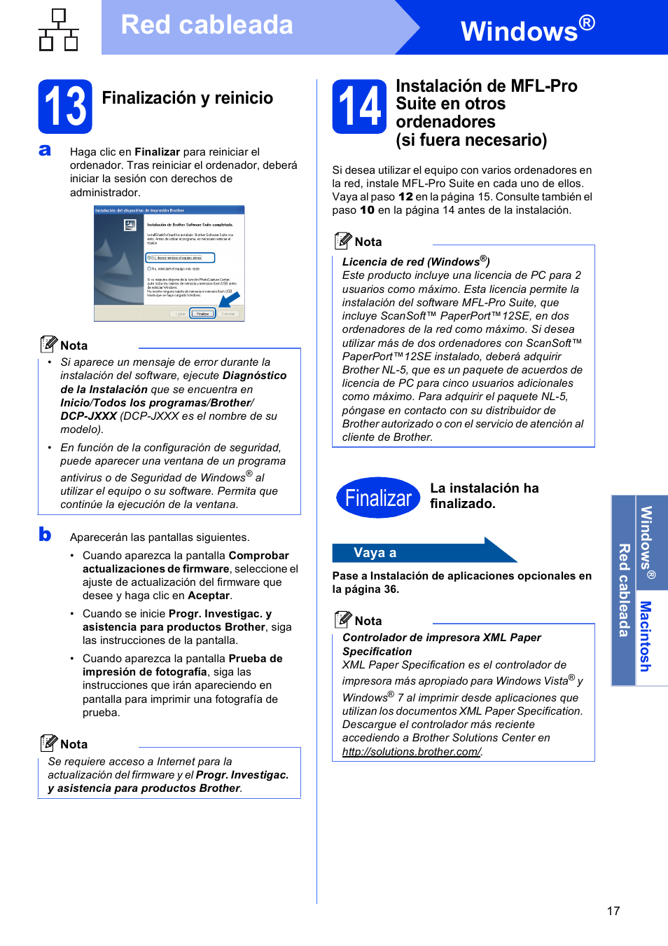 13 finalización y reinicio, Windows, Red cableada | Finalizar, Finalización y reinicio | Brother DCP-J925DW User Manual | Page 17 / 38