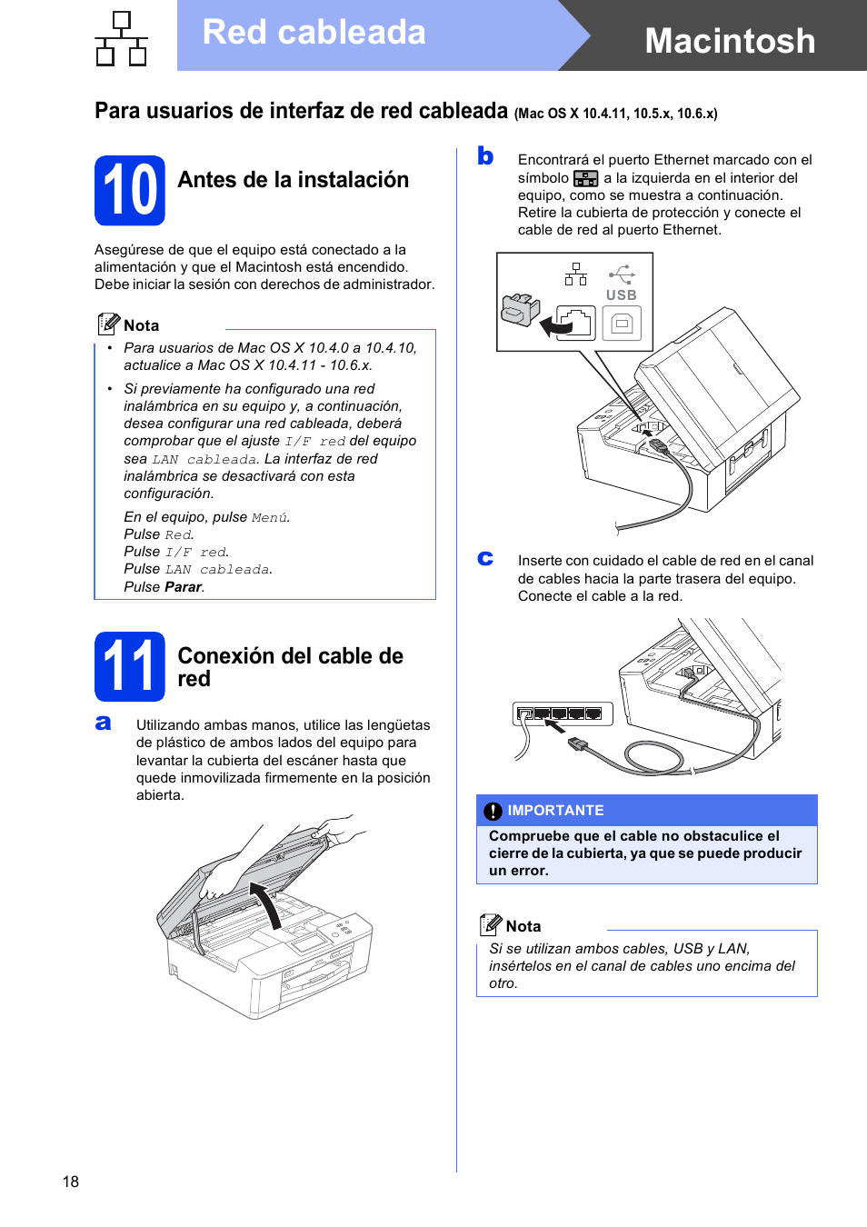 10 antes de la instalación, 11 conexión del cable de red, Macintosh red cableada | Brother DCP-J925DW User Manual | Page 18 / 38