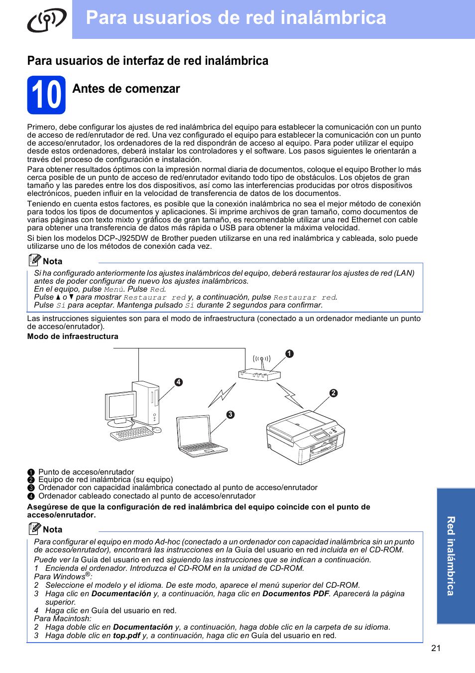 Para usuarios de interfaz de red inalámbrica, 10 antes de comenzar, Para usuarios de red inalámbrica | Antes de comenzar | Brother DCP-J925DW User Manual | Page 21 / 38