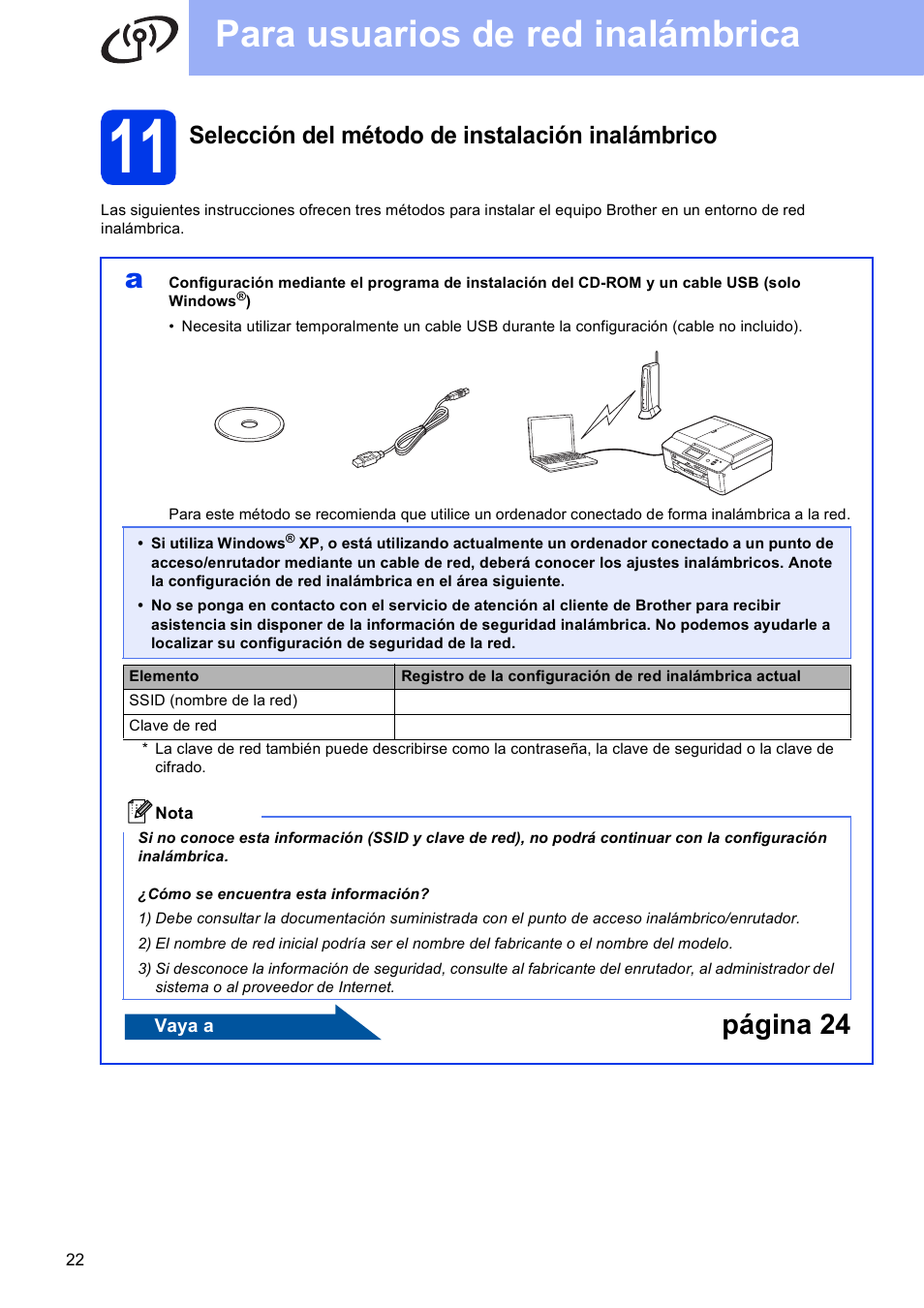 11 selección del método de instalación inalámbrico, Para usuarios de red inalámbrica, Página 24 | Selección del método de instalación inalámbrico | Brother DCP-J925DW User Manual | Page 22 / 38