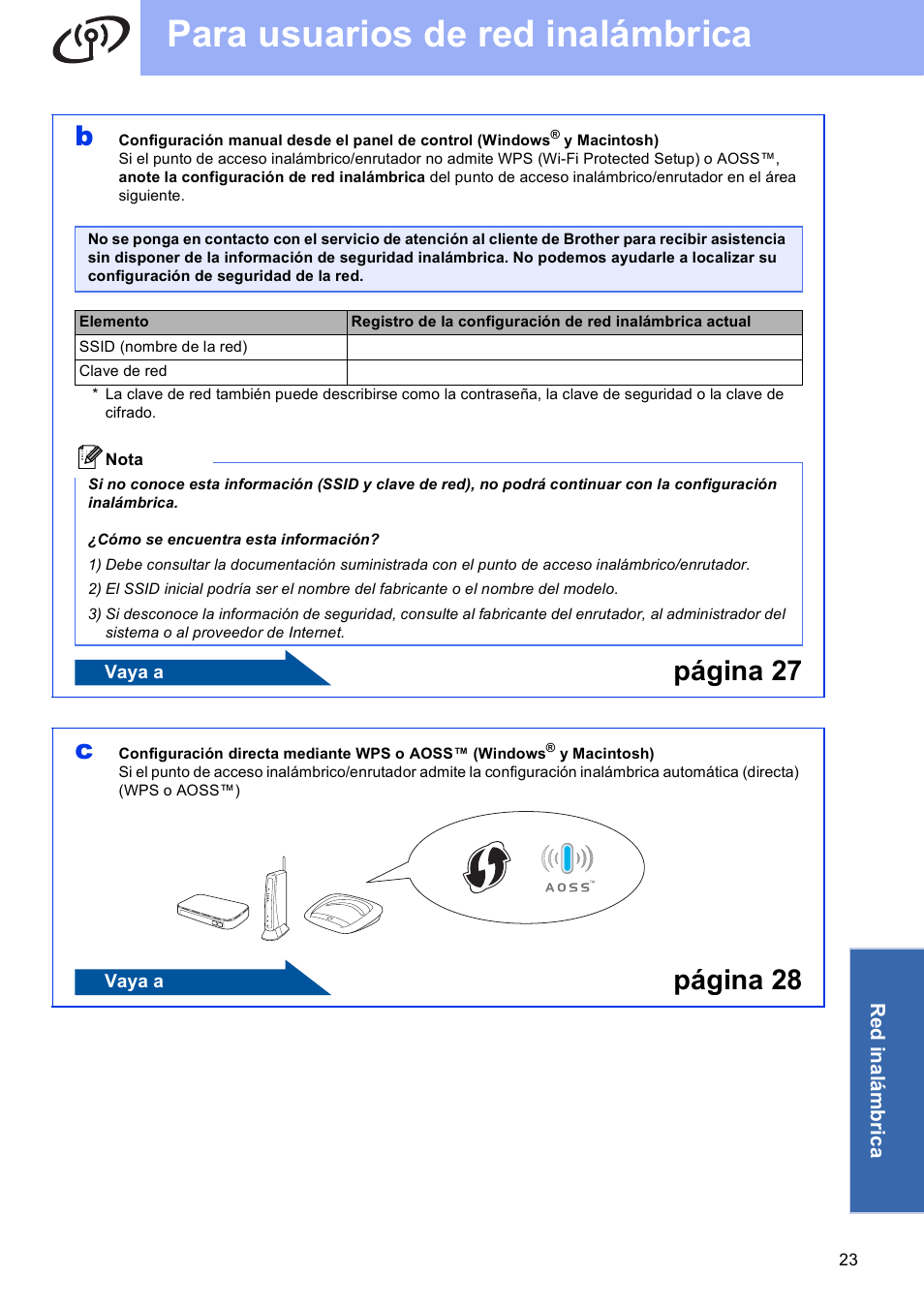 Para usuarios de red inalámbrica, Página 27 c, Página 28 | Brother DCP-J925DW User Manual | Page 23 / 38