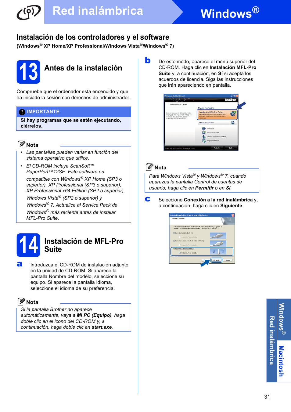 13 antes de la instalación, 14 instalación de mfl-pro suite, Windows | Red inalámbrica, Instalación de los controladores y el software, Antes de la instalación, Instalación de mfl-pro suite | Brother DCP-J925DW User Manual | Page 31 / 38