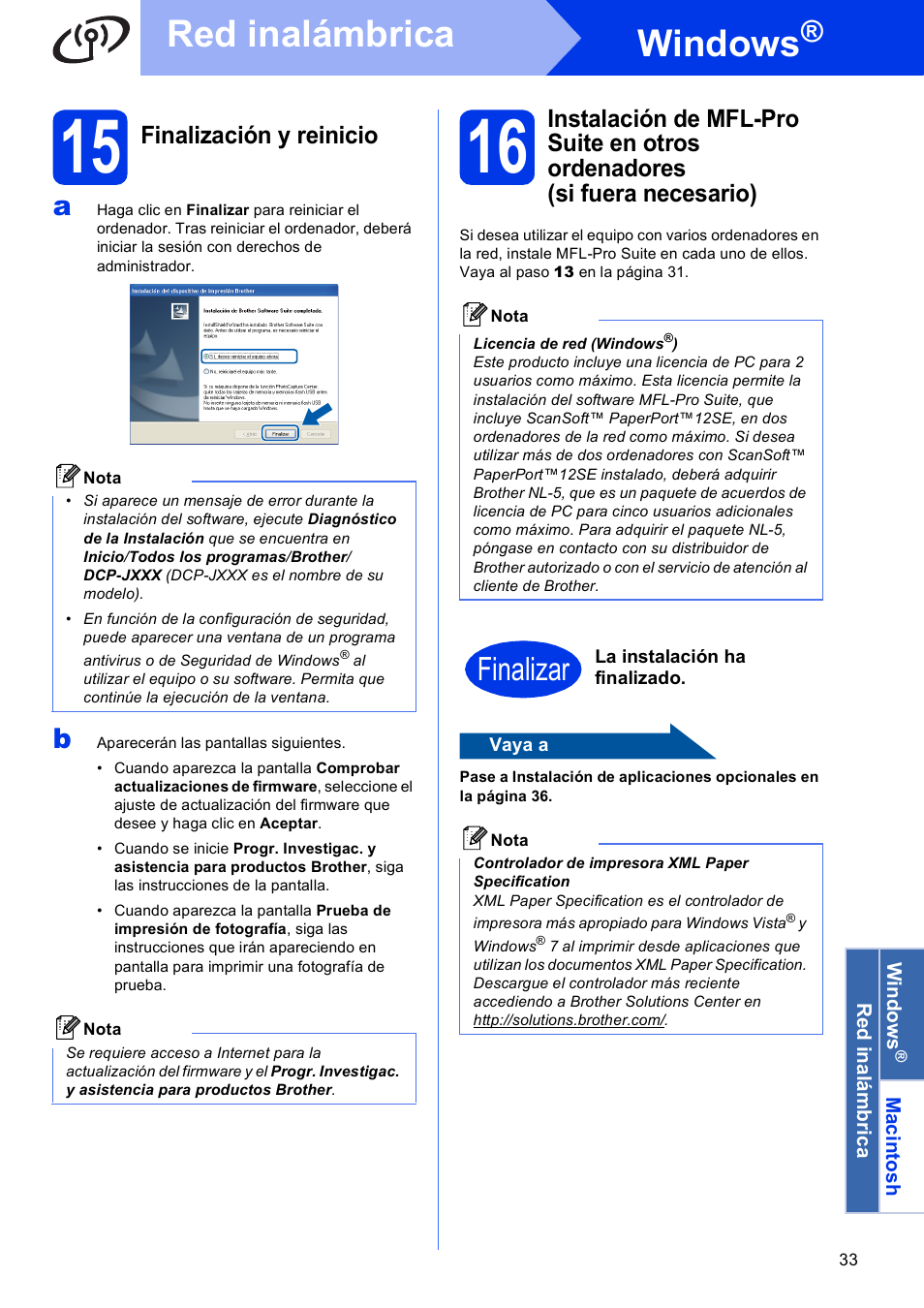 15 finalización y reinicio, Windows, Red inalámbrica | Finalizar, Finalización y reinicio | Brother DCP-J925DW User Manual | Page 33 / 38