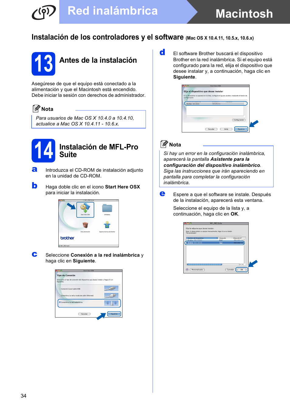 13 antes de la instalación, 14 instalación de mfl-pro suite, Macintosh red inalámbrica | Brother DCP-J925DW User Manual | Page 34 / 38