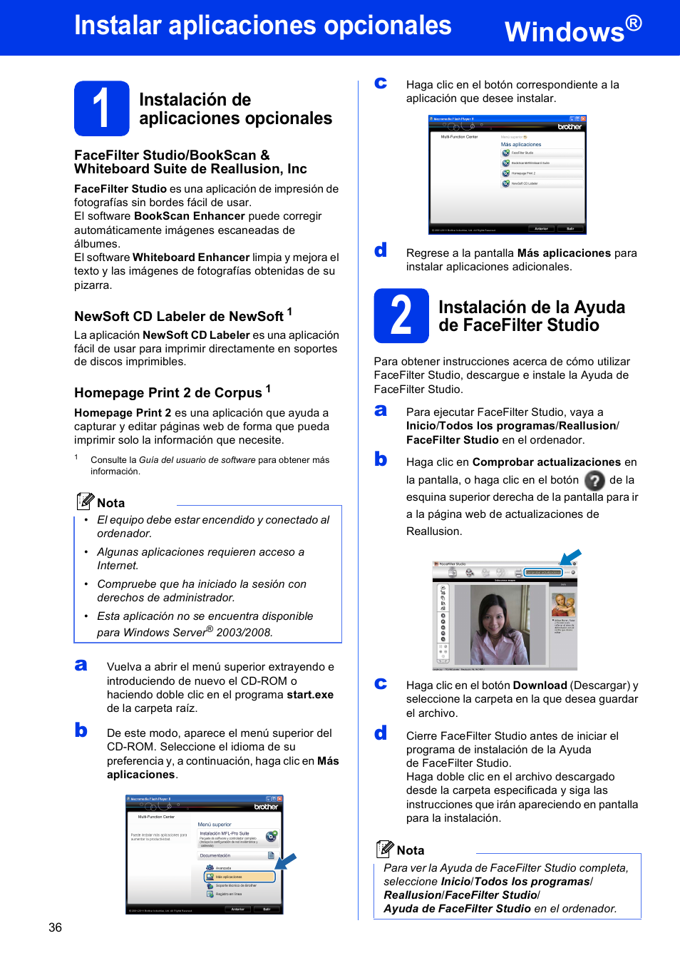 Instalar aplicaciones opcionales windows, 1 instalación de aplicaciones opcionales, 2 instalación de la ayuda de facefilter studio | Windows, Instalar aplicaciones opcionales, Instalación de aplicaciones opcionales, Instalación de la ayuda de facefilter studio | Brother DCP-J925DW User Manual | Page 36 / 38