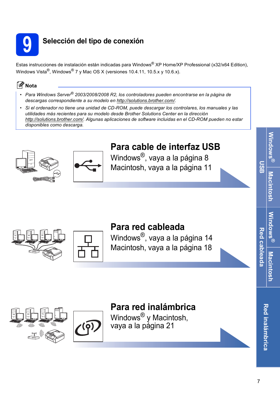 9 selección del tipo de conexión, Para cable de interfaz usb, Para red cableada | Para red inalámbrica, Windows, Vaya a la página 8 macintosh, vaya a la página 11, Vaya a la página 14 macintosh, vaya a la página 18, Y macintosh, vaya a la página 21, Selección del tipo de conexión | Brother DCP-J925DW User Manual | Page 7 / 38