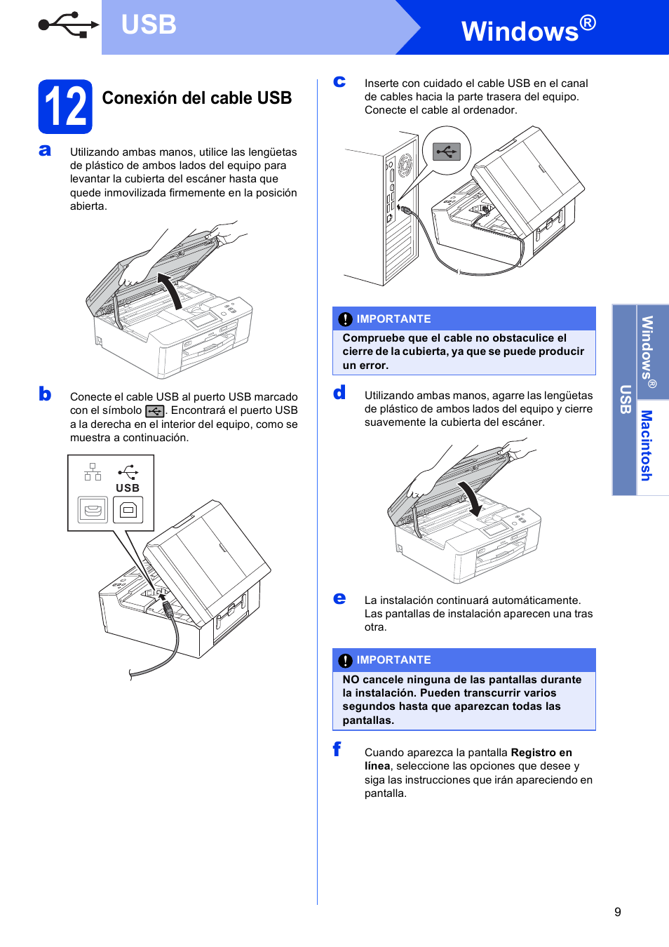 12 conexión del cable usb, Windows | Brother DCP-J925DW User Manual | Page 9 / 38