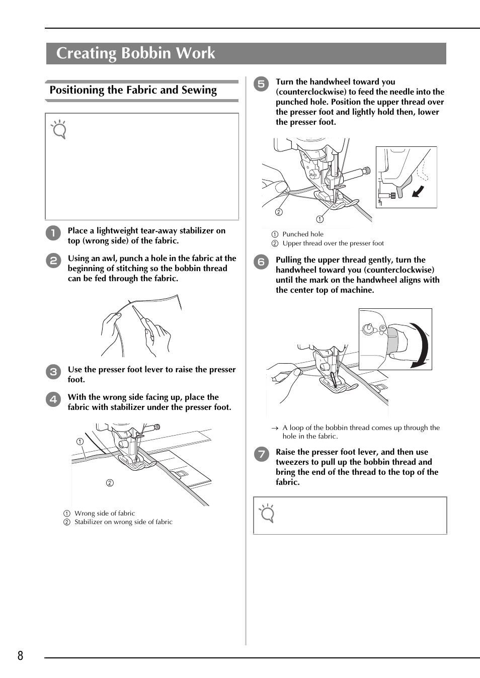 Creating bobbin work, Positioning the fabric and sewing | Brother Innov-is 2200 User Manual | Page 10 / 88
