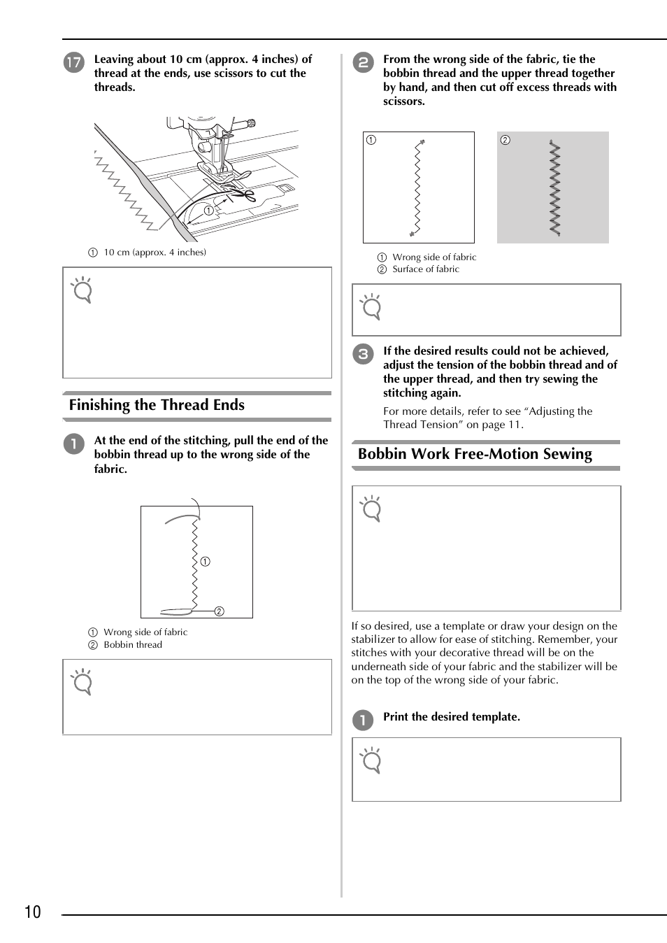 Finishing the thread ends, Bobbin work free-motion sewing | Brother Innov-is 2200 User Manual | Page 12 / 88