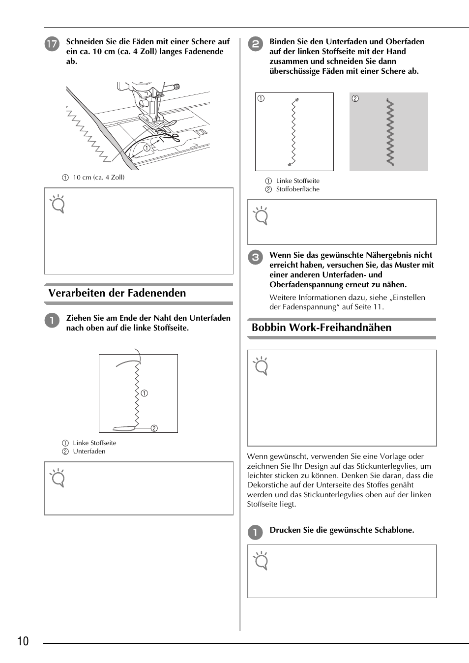 Verarbeiten der fadenenden, Bobbin work-freihandnähen | Brother Innov-is 2200 User Manual | Page 24 / 88