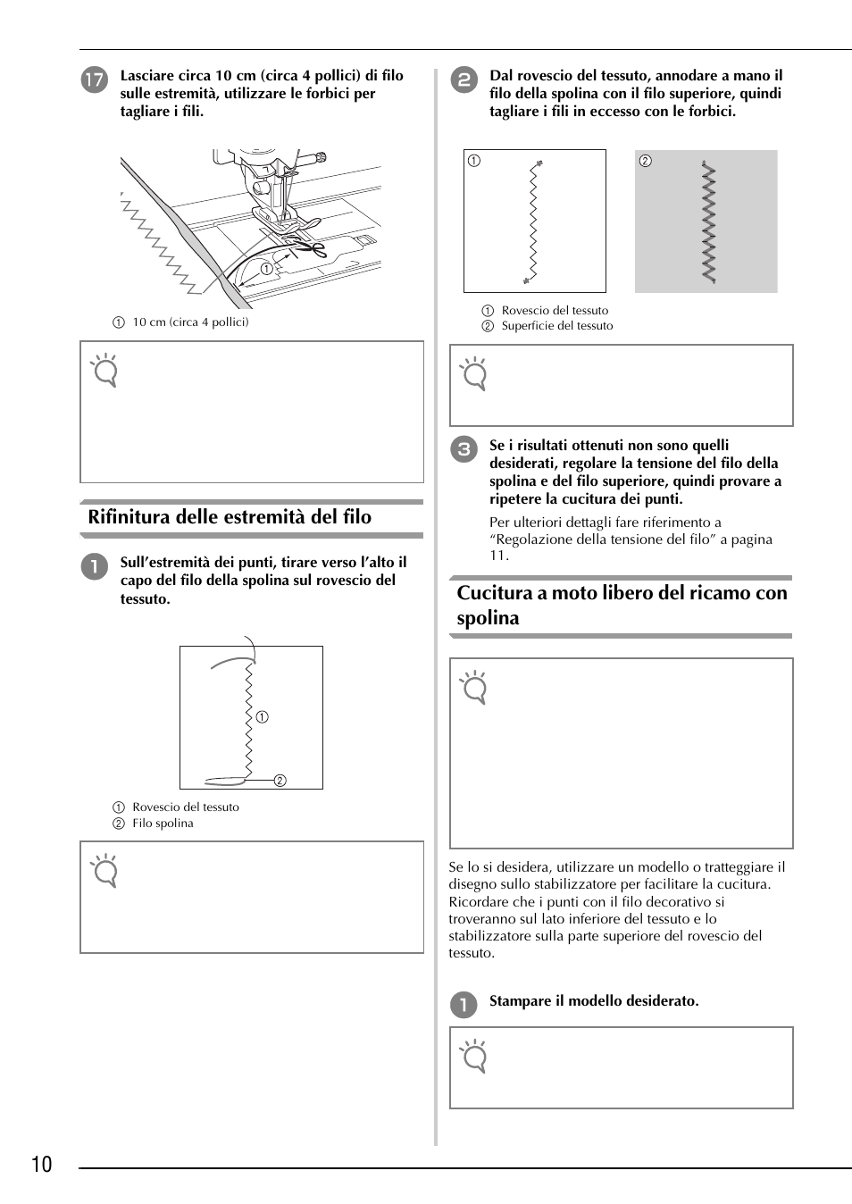 Rifinitura delle estremità del filo, Cucitura a moto libero del ricamo con spolina | Brother Innov-is 2200 User Manual | Page 60 / 88