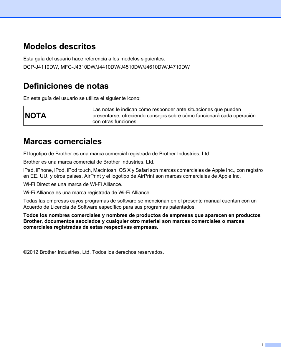 Modelos descritos, Definiciones de notas, Marcas comerciales | Nota | Brother DCP-J4110DW User Manual | Page 2 / 11