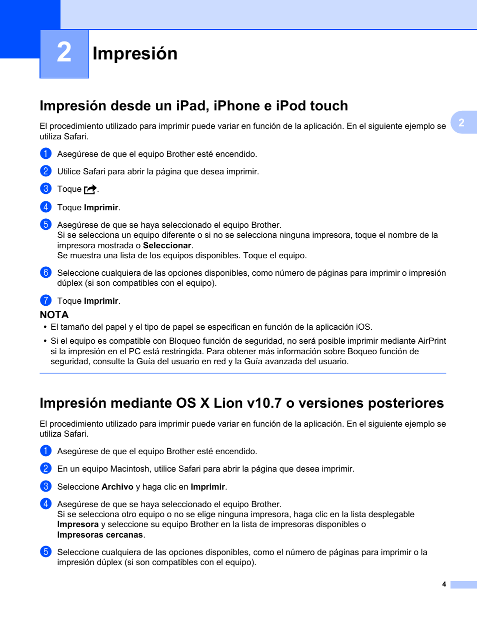 2 impresión, Impresión desde un ipad, iphone e ipod touch, Impresión | Brother DCP-J4110DW User Manual | Page 7 / 11