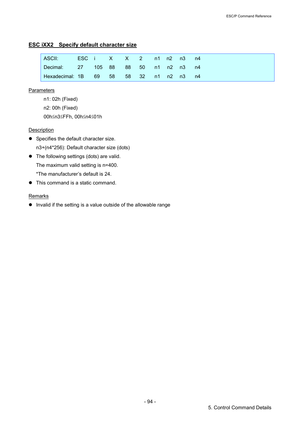 Esc ixx2 specify default character size, Esc ixx2, Specify default character size | Brother RJ-4040 User Manual | Page 100 / 116
