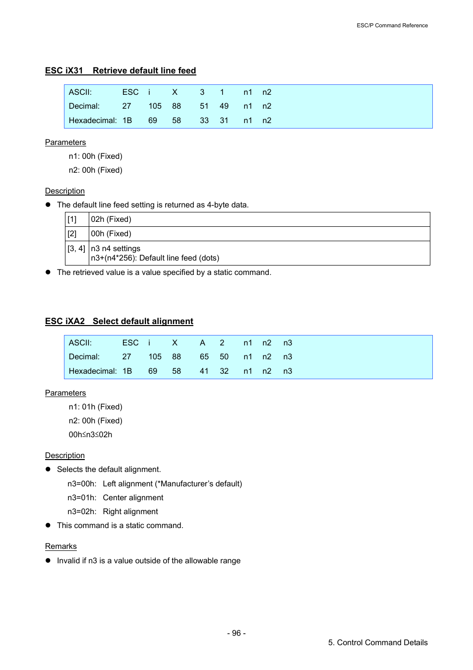 Esc ix31 retrieve default line feed, Esc ixa2 select default alignment, Esc ix31 | Retrieve default line feed, Esc ixa2, Select default alignment | Brother RJ-4040 User Manual | Page 102 / 116
