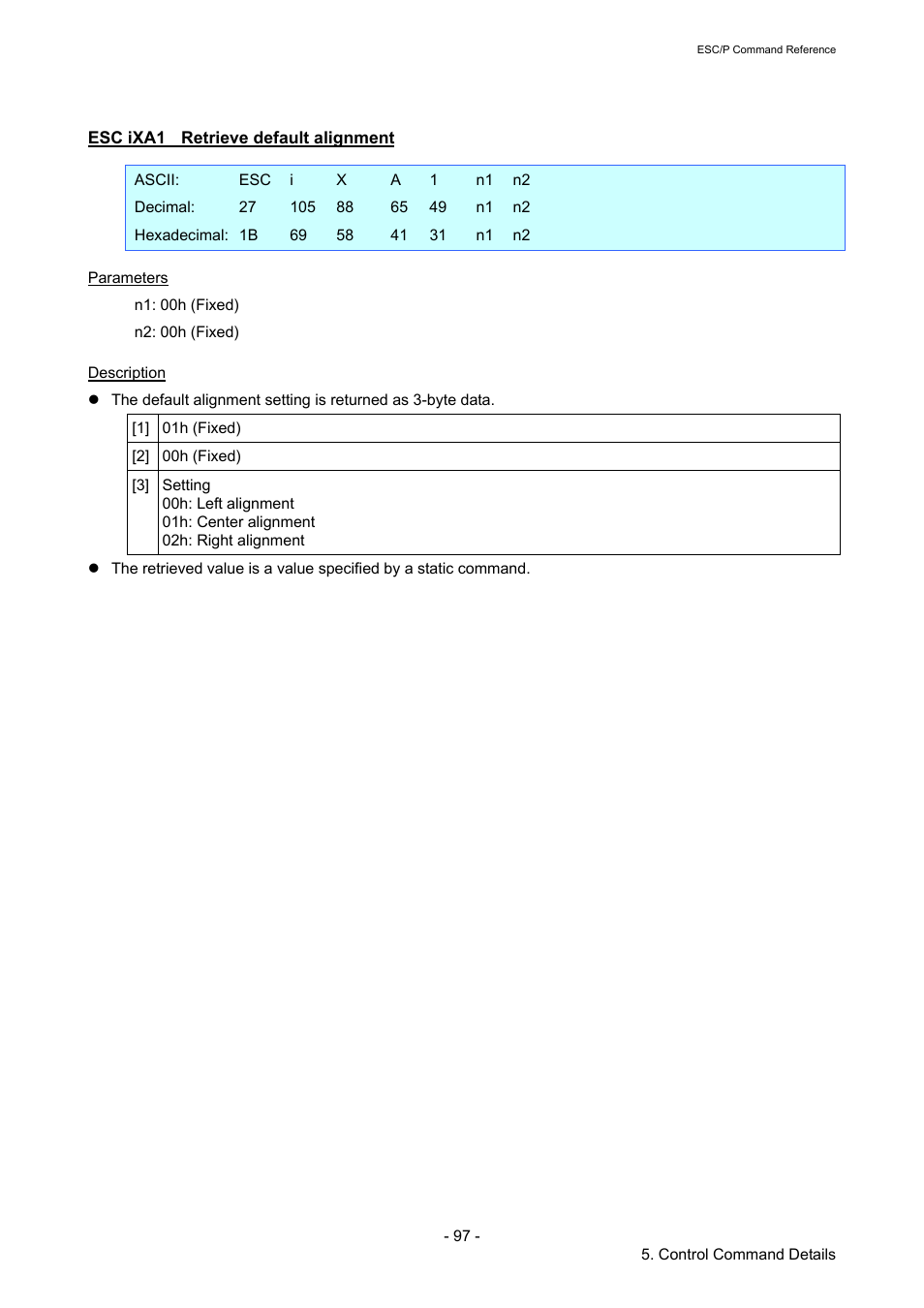 Esc ixa1 retrieve default alignment, Esc ixa1, Retrieve default alignment | Brother RJ-4040 User Manual | Page 103 / 116