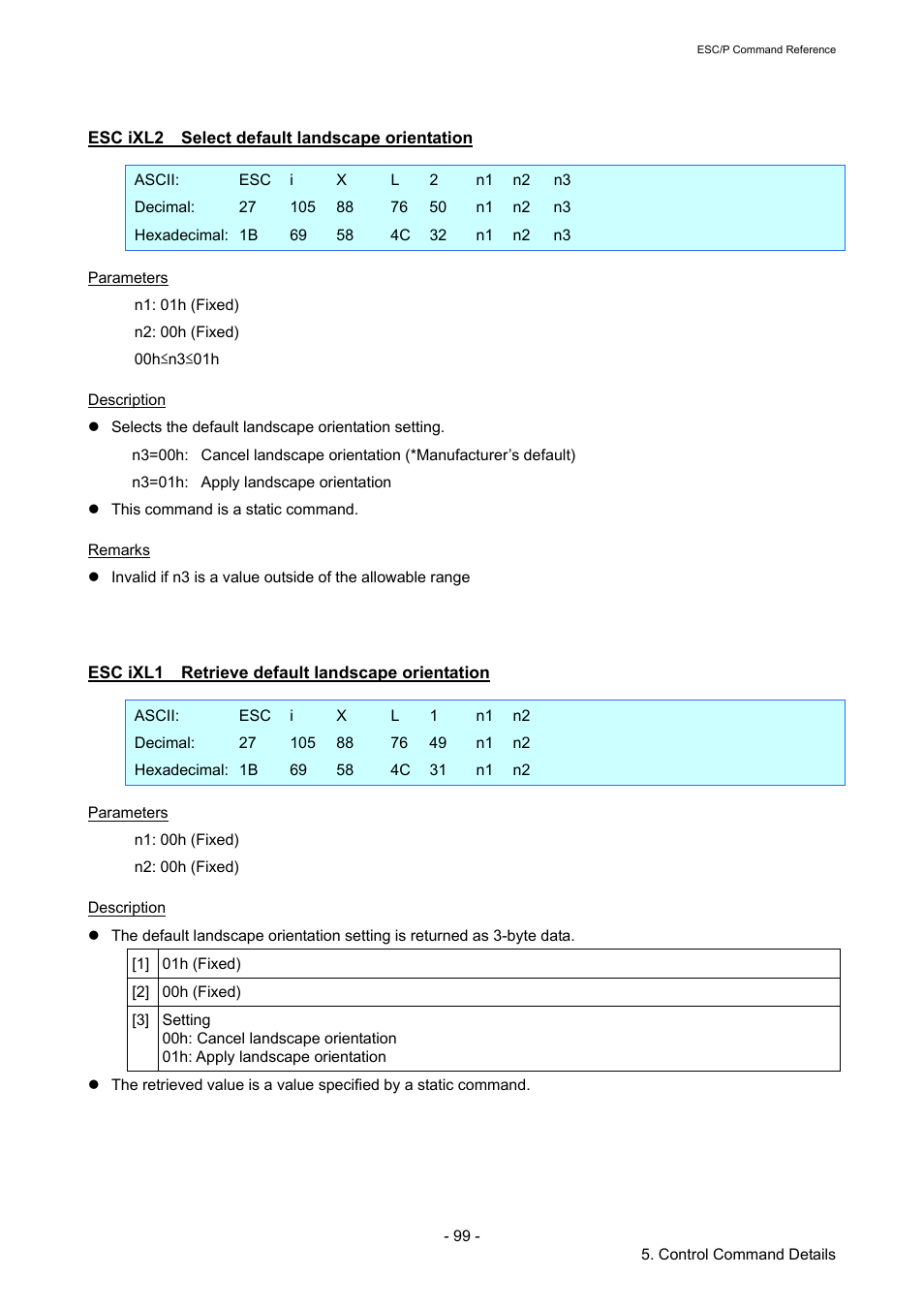 Esc ixl2 select default landscape orientation, Esc ixl1 retrieve default landscape orientation, Esc ixl2 | Select default landscape orientation, Esc ixl1, Retrieve default landscape orientation | Brother RJ-4040 User Manual | Page 105 / 116