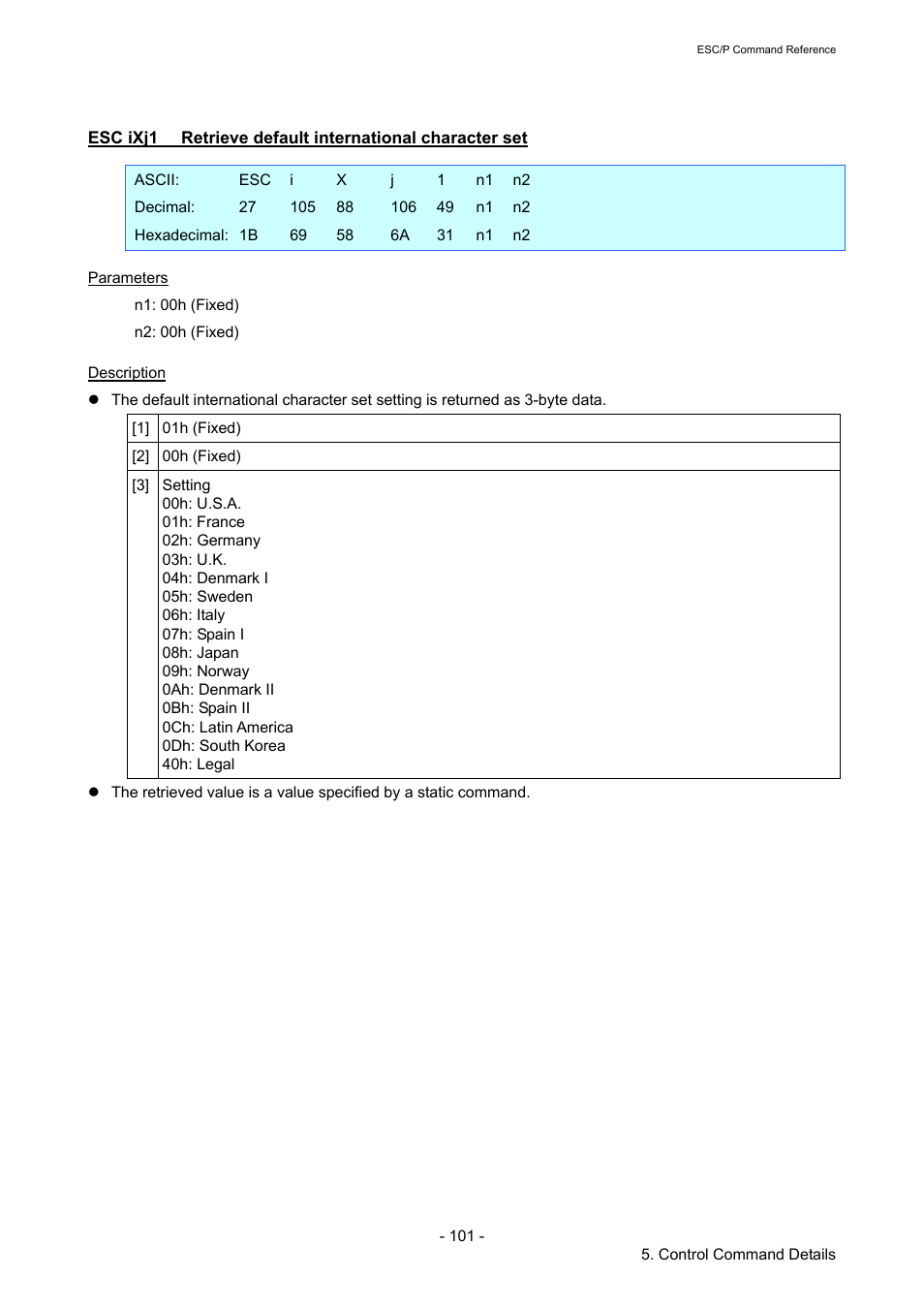 Esc ixj1, Retrieve default international character set | Brother RJ-4040 User Manual | Page 107 / 116