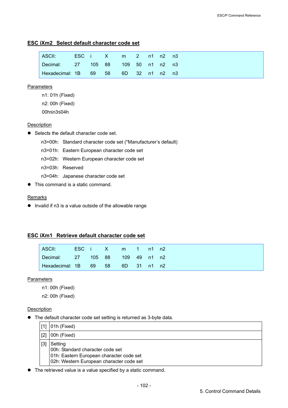 Esc ixm2 select default character code set, Esc ixm1 retrieve default character code set, Esc ixm2 | Select default character code set, Esc ixm1, Retrieve default character code set | Brother RJ-4040 User Manual | Page 108 / 116