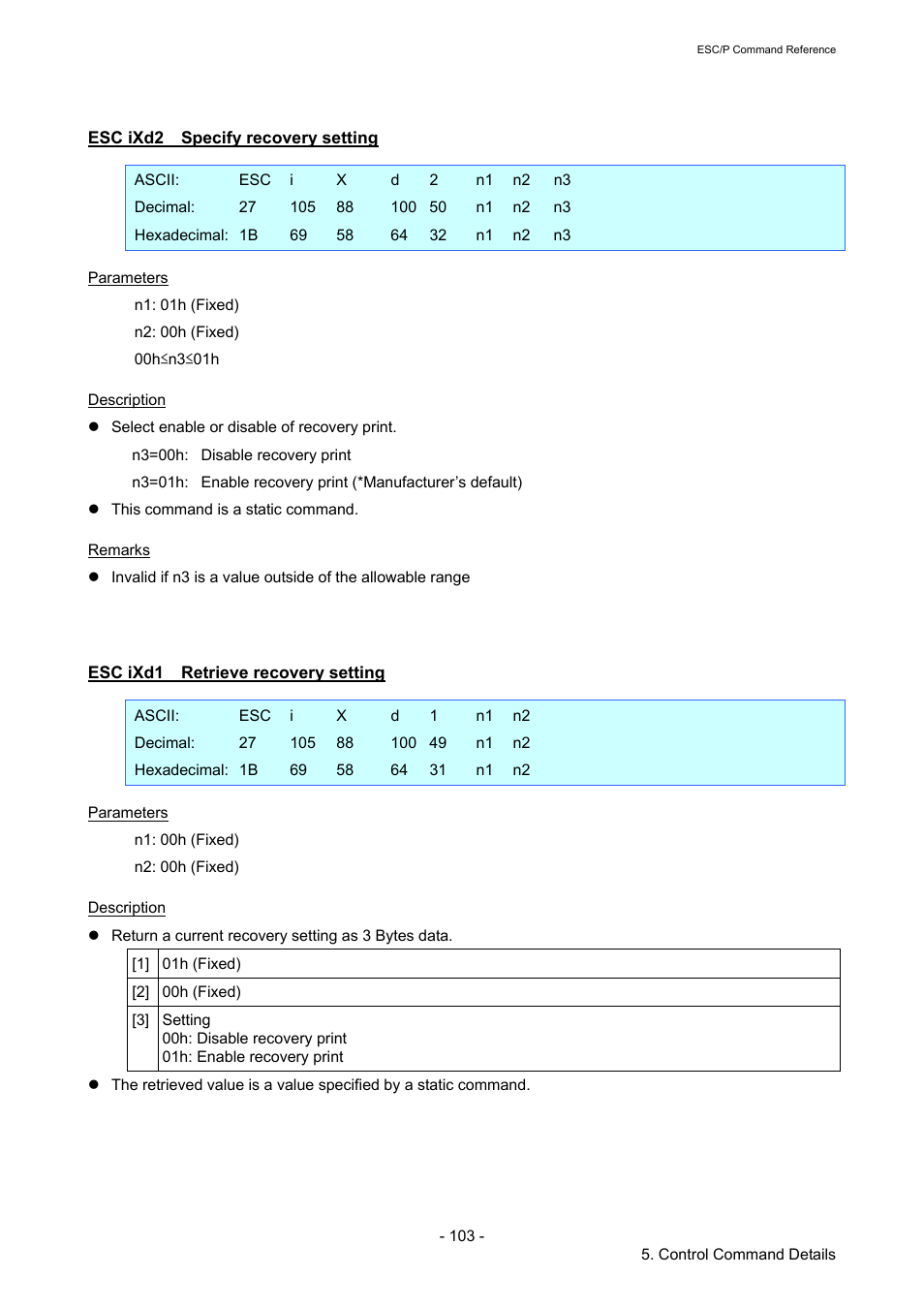 Esc ixd2 specify recovery setting, Esc ixd1 retrieve recovery setting, Esc ixd2 | Specify recovery setting, Esc ixd1, Retrieve recovery setting | Brother RJ-4040 User Manual | Page 109 / 116
