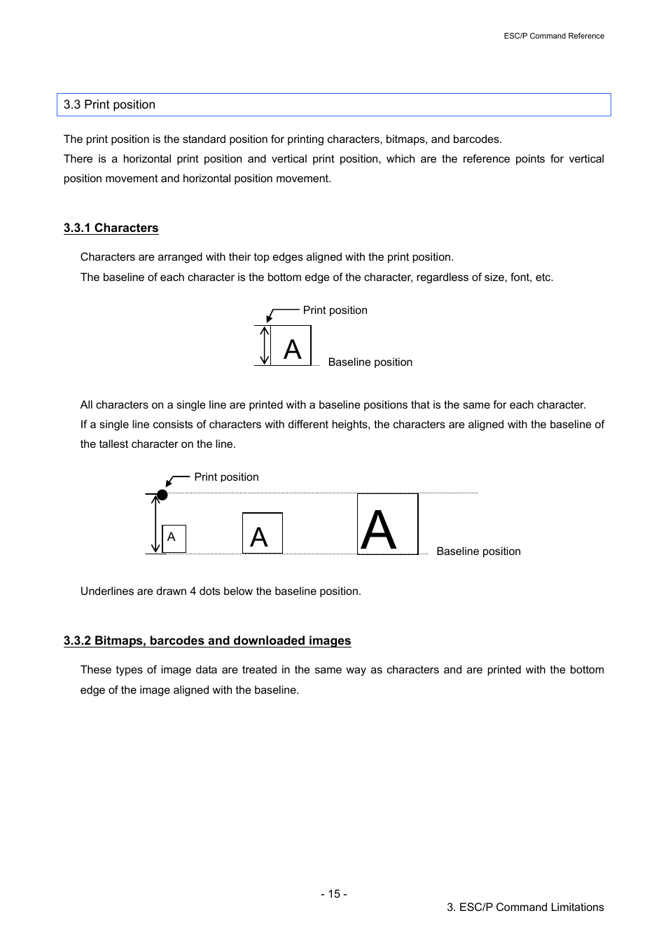 3 print position, 1 characters, 2 bitmaps, barcodes and downloaded images | Brother RJ-4040 User Manual | Page 21 / 116