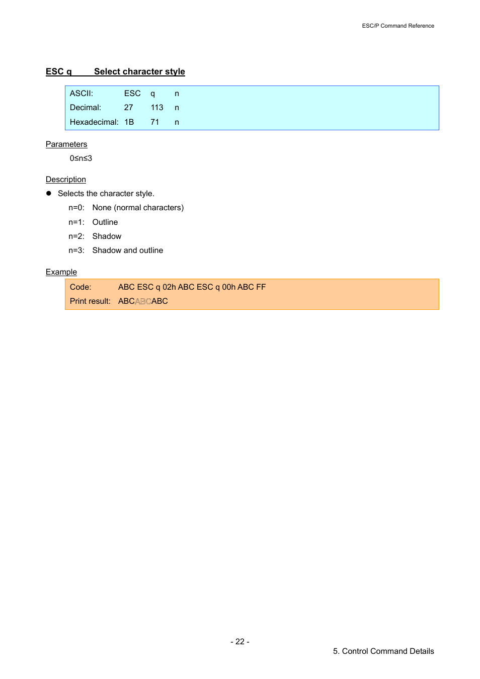 Esc q select character style, Esc q, Select character style | Brother RJ-4040 User Manual | Page 28 / 116