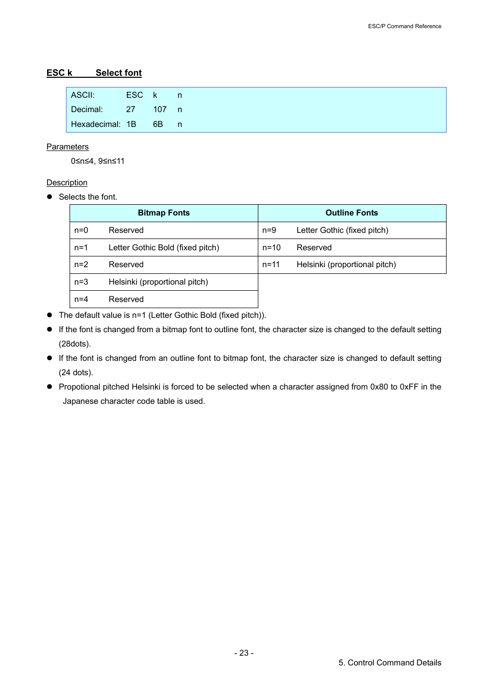 Esc k select font, Esc k, Select font | Brother RJ-4040 User Manual | Page 29 / 116