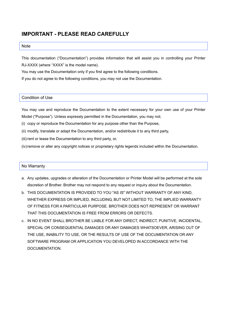 Important - please read carefully, Note, Condition of use | No warranty | Brother RJ-4040 User Manual | Page 3 / 116