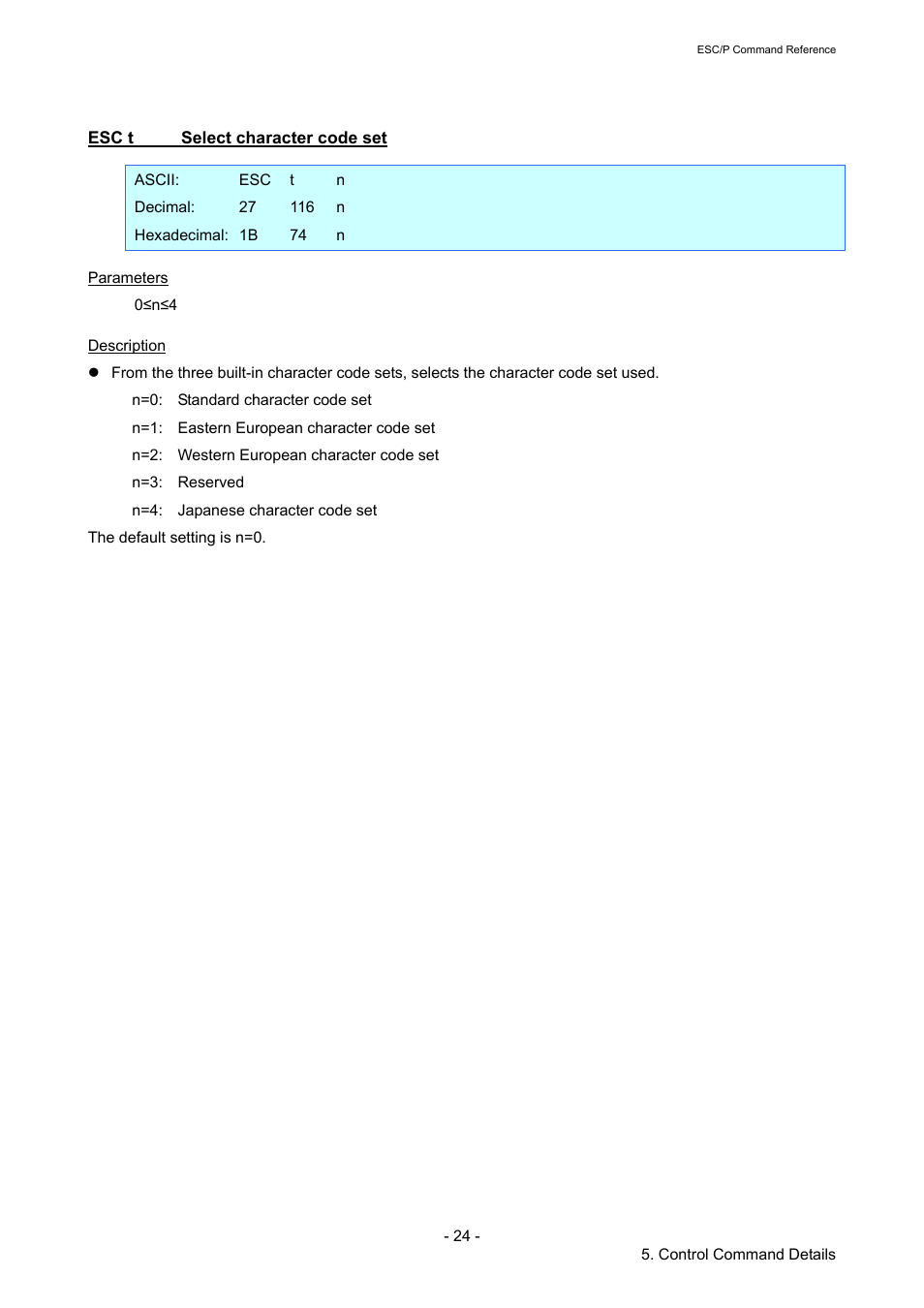 Esc t select character code set, Esc t, Select character code set | Brother RJ-4040 User Manual | Page 30 / 116