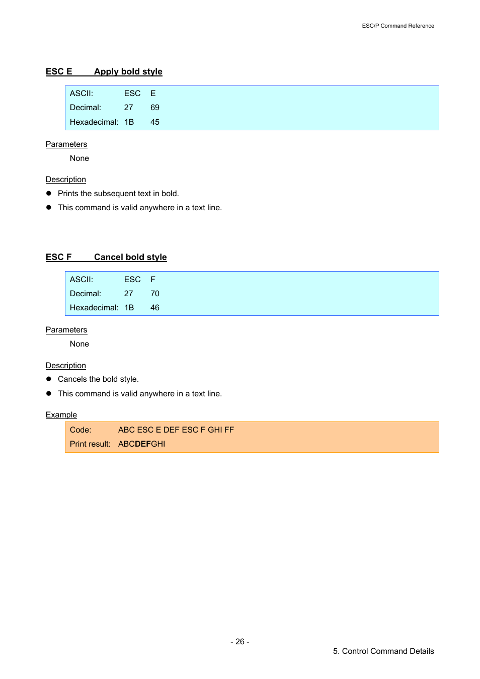 Esc e apply bold style, Esc f cancel bold style, Esc e | Apply bold style, Esc f, Cancel bold style | Brother RJ-4040 User Manual | Page 32 / 116