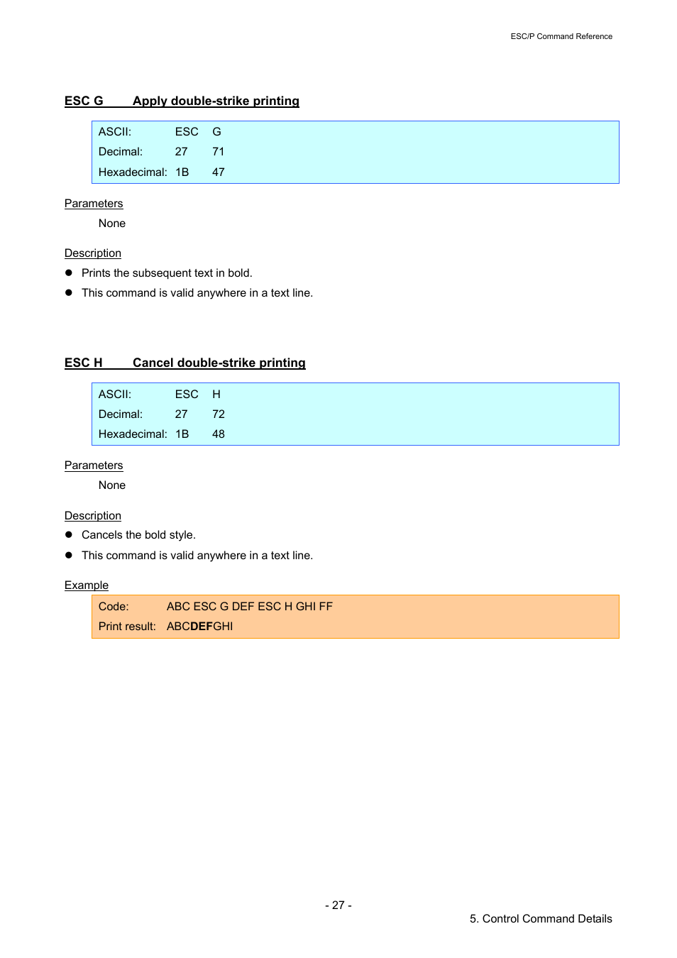 Esc g apply double-strike printing, Esc h cancel double-strike printing, Esc g | Apply double-strike printing, Esc h, Cancel double-strike printing | Brother RJ-4040 User Manual | Page 33 / 116