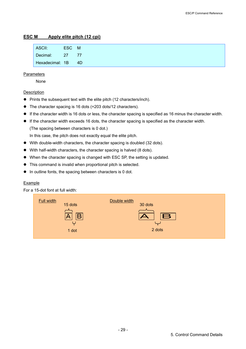 Esc m apply elite pitch (12 cpi), Esc m, Apply elite pitch (12 cpi) | Brother RJ-4040 User Manual | Page 35 / 116