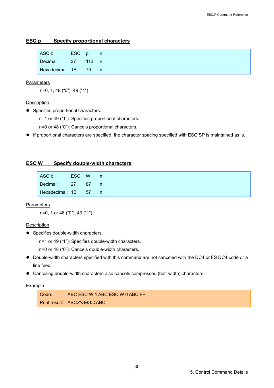 Esc p specify proportional characters, Esc w specify double-width characters, Esc p | Specify proportional characters, Esc w, Specify double-width characters | Brother RJ-4040 User Manual | Page 36 / 116