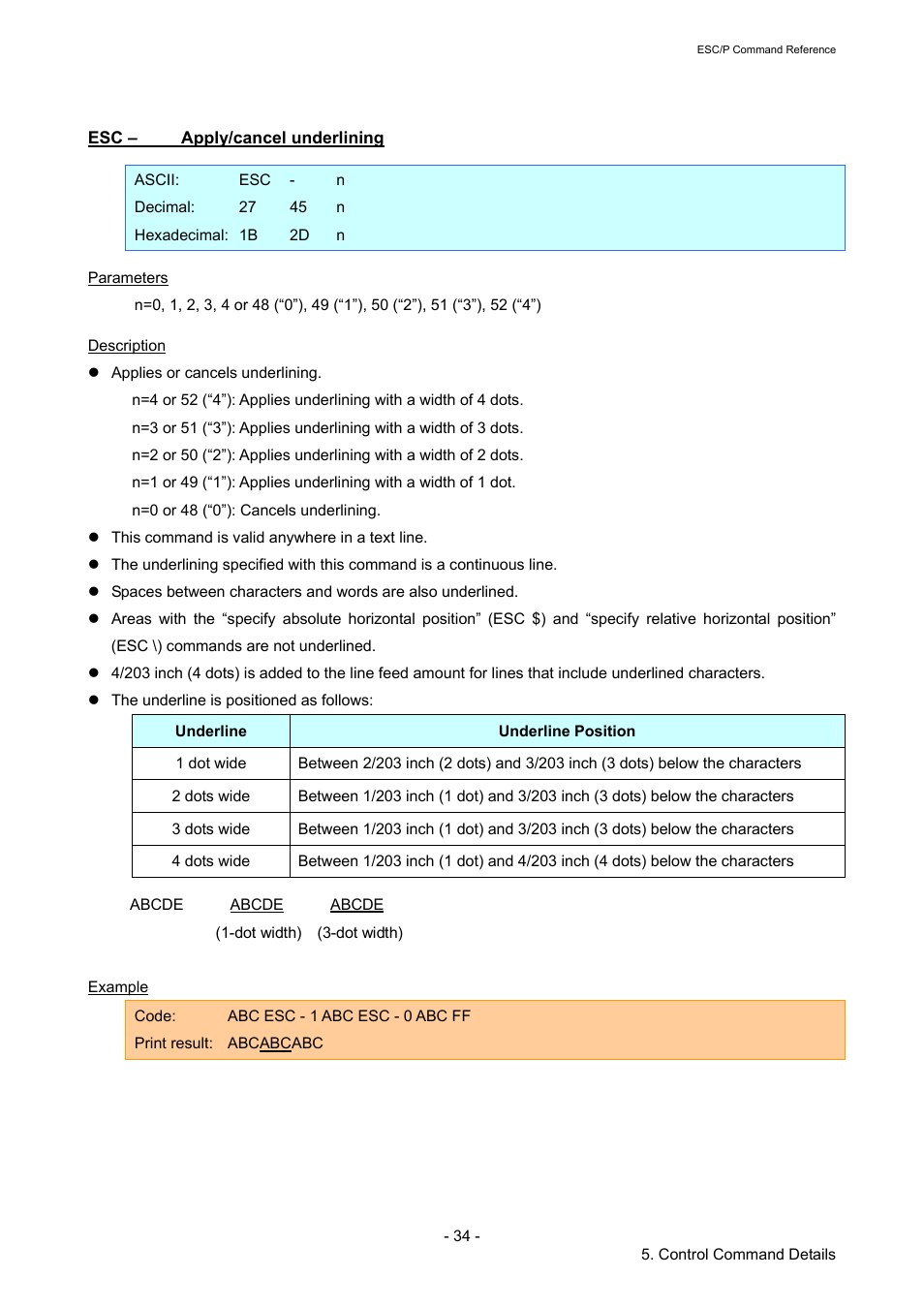 Esc – apply/cancel underlining, Apply/cancel underlining | Brother RJ-4040 User Manual | Page 40 / 116