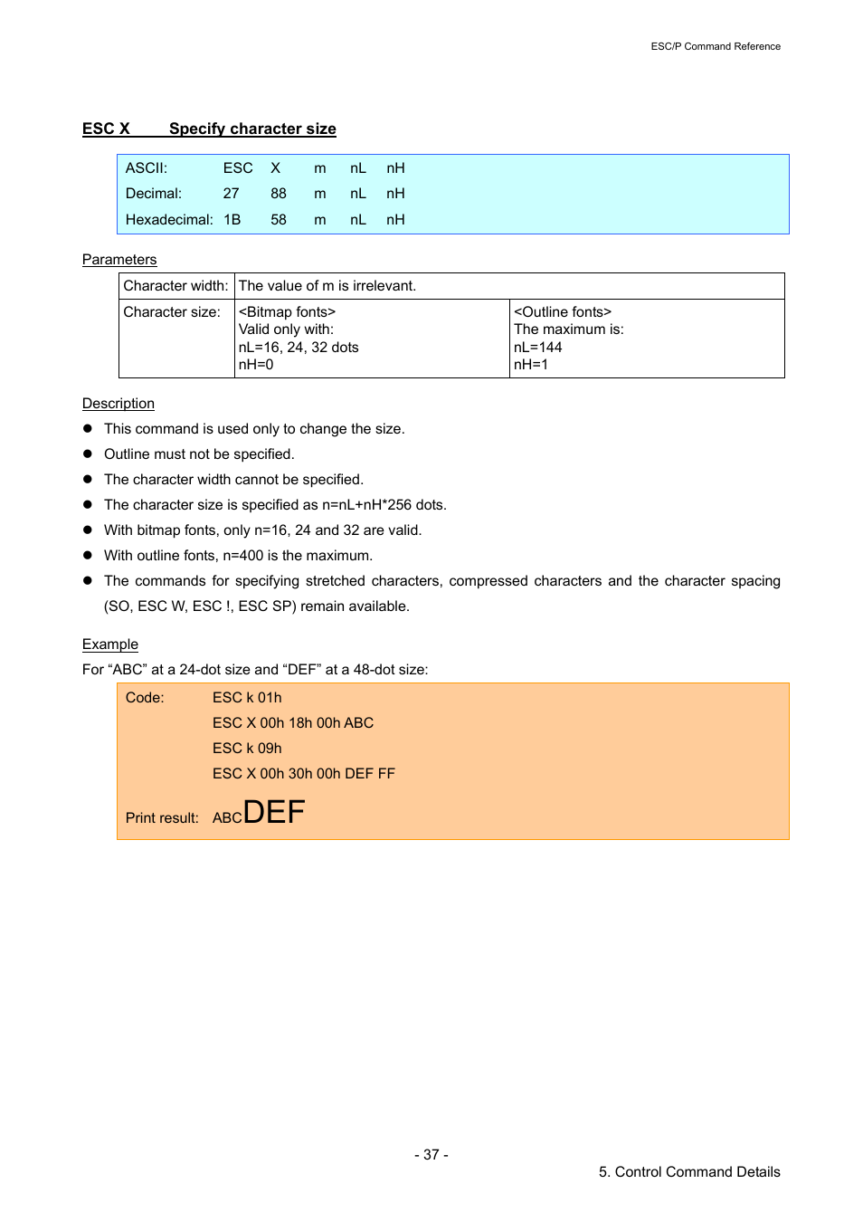Esc x specify character size, Esc x, Specify character size | Brother RJ-4040 User Manual | Page 43 / 116