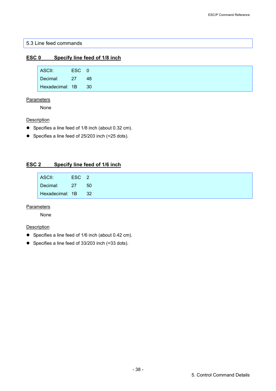3 line feed commands, Esc 0 specify line feed of 1/8 inch, Esc 2 specify line feed of 1/6 inch | Esc 0, Specify line feed of 1/8 inch, Esc 2, Specify line feed of 1/6 inch | Brother RJ-4040 User Manual | Page 44 / 116