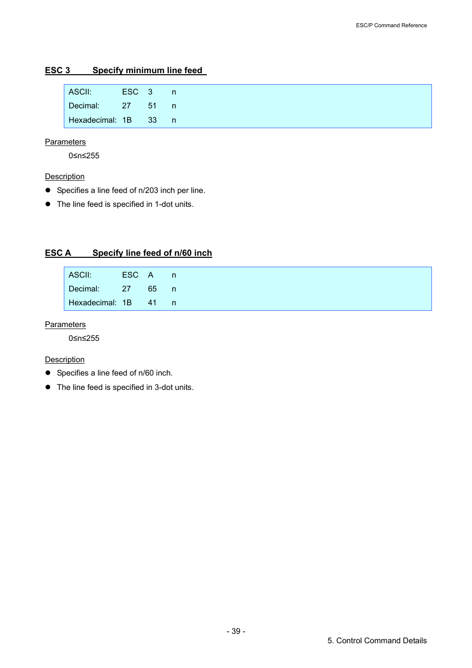 Esc 3 specify minimum line feed, Esc a specify line feed of n/60 inch, Esc 3 | Specify minimum line feed, Esc a, Specify line feed of n/60 inch | Brother RJ-4040 User Manual | Page 45 / 116