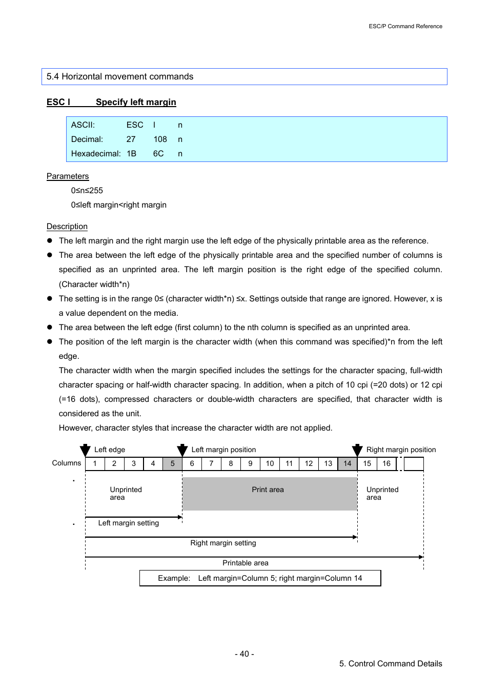 4 horizontal movement commands, Esc l specify left margin, Esc l | Specify left margin, Ction | Brother RJ-4040 User Manual | Page 46 / 116