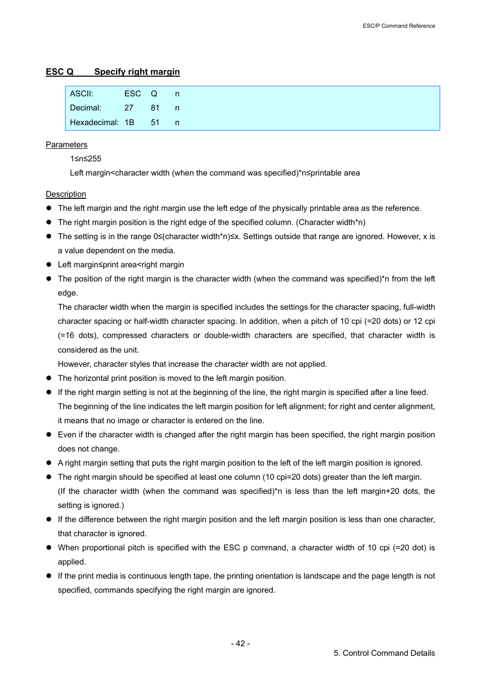 Esc q specify right margin, Esc q, Specify right margin | Brother RJ-4040 User Manual | Page 48 / 116