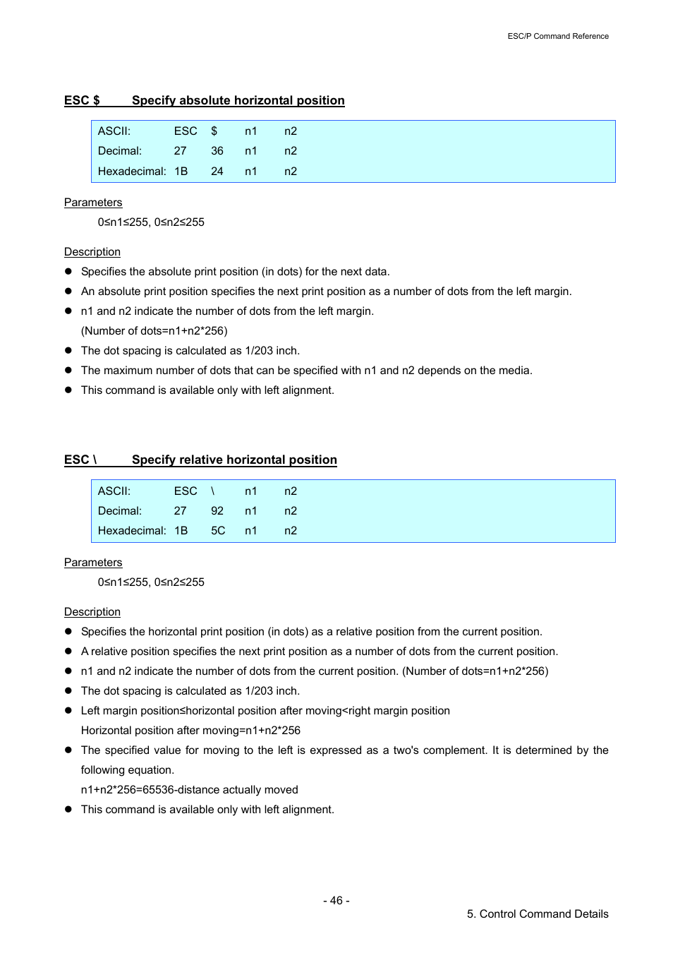 Esc $ specify absolute horizontal position, Esc \ specify relative horizontal position, Specify absolute horizontal position | Specify relative horizontal position | Brother RJ-4040 User Manual | Page 52 / 116