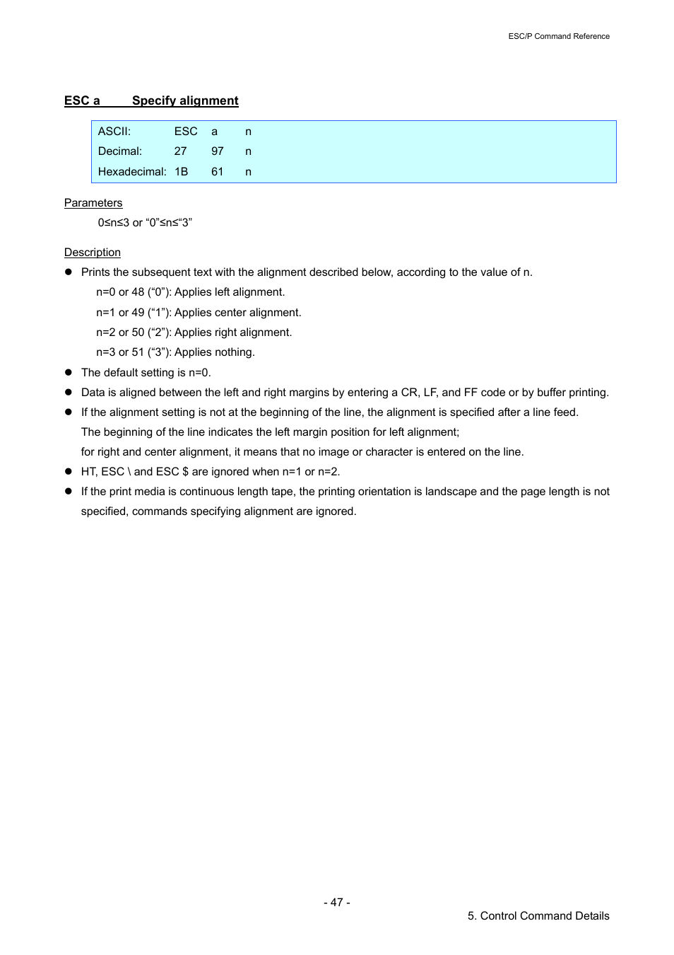 Esc a specify alignment, Esc a, Specify alignment | Brother RJ-4040 User Manual | Page 53 / 116