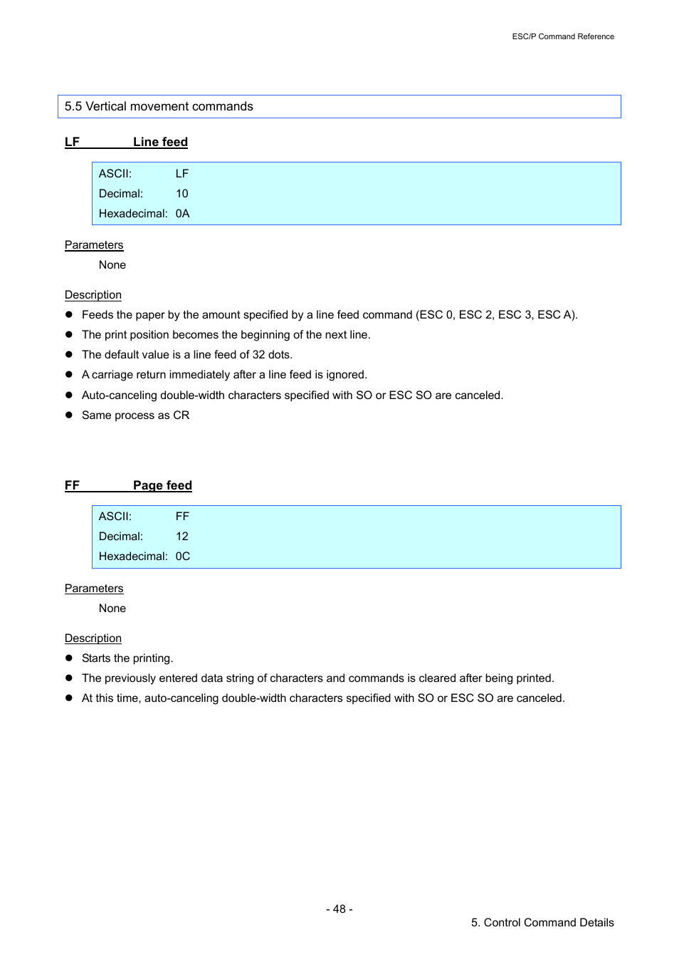 5 vertical movement commands, Lf line feed, Line feed | Brother RJ-4040 User Manual | Page 54 / 116