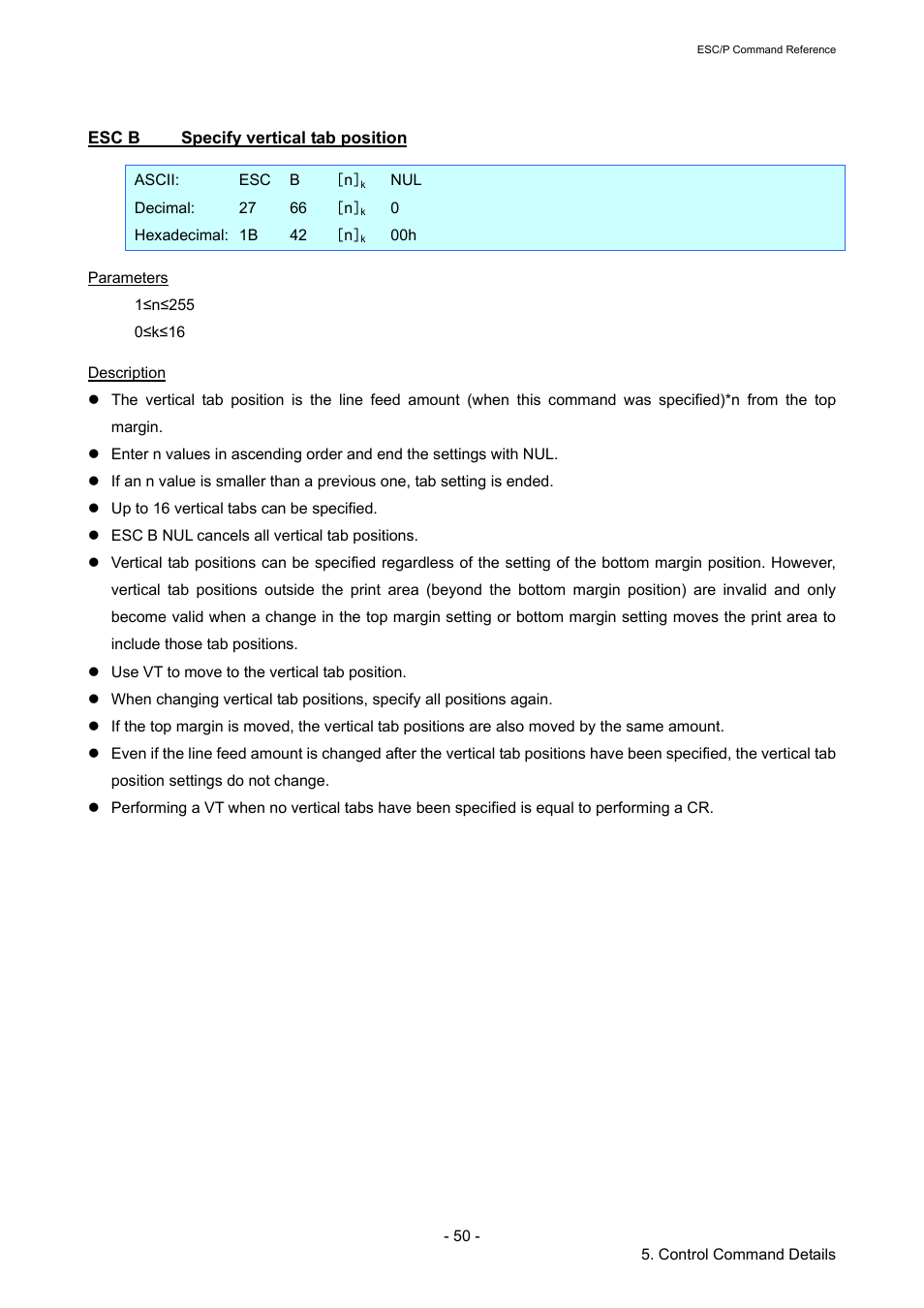 Esc b specify vertical tab position, Esc b, Specify vertical tab position | Brother RJ-4040 User Manual | Page 56 / 116