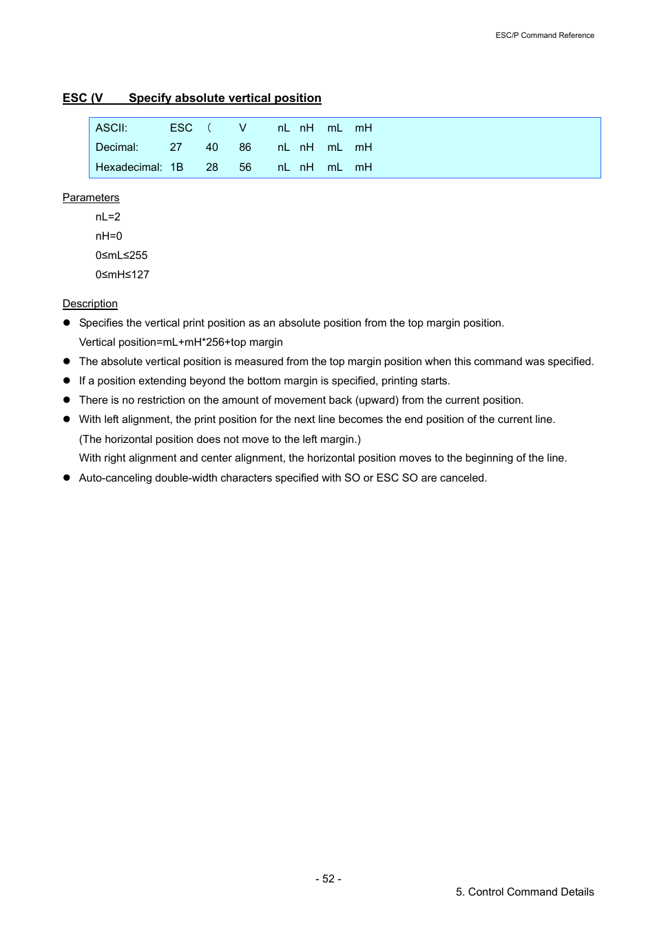 Esc (v specify absolute vertical position, Esc (v, Specify absolute vertical position | Brother RJ-4040 User Manual | Page 58 / 116