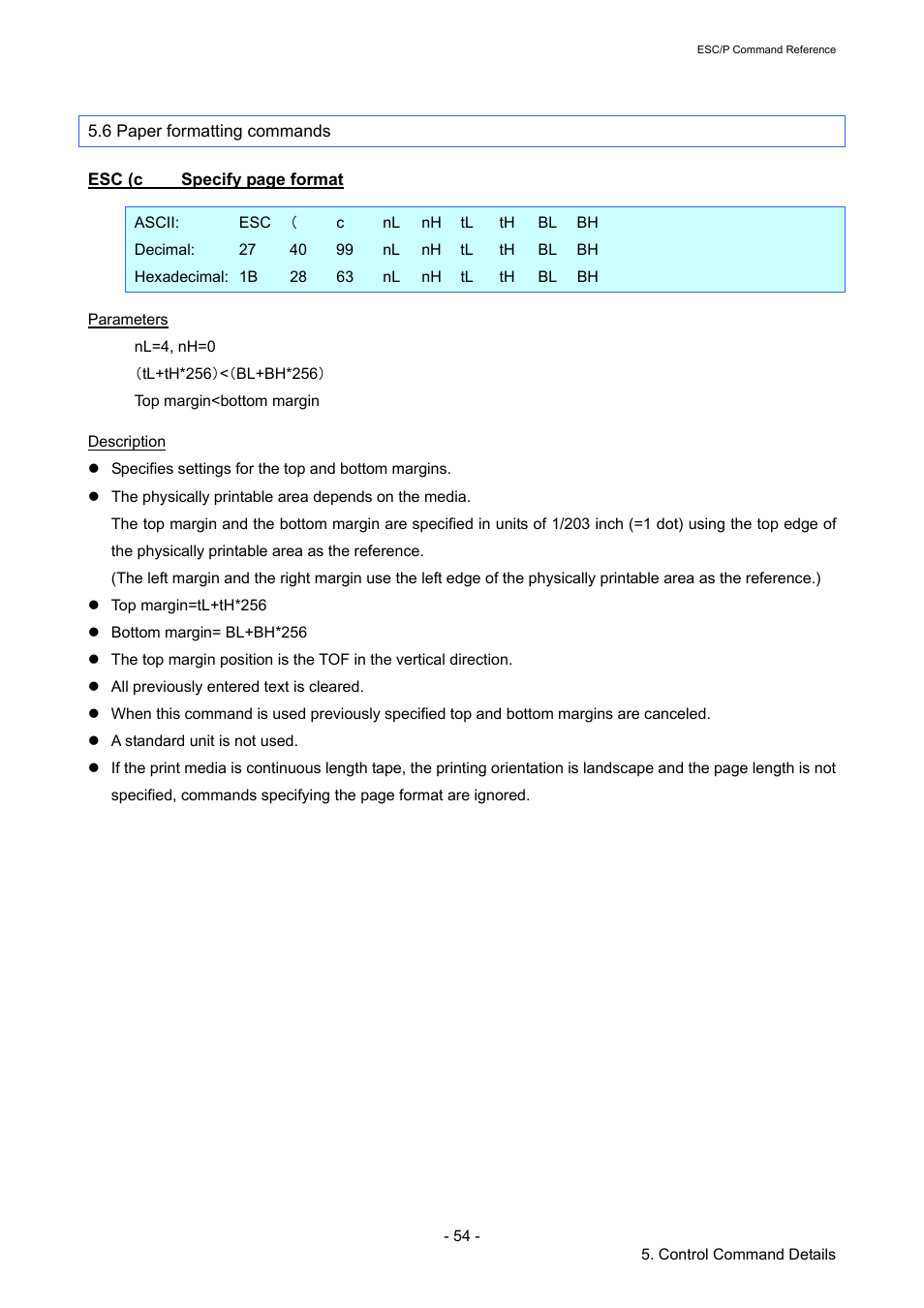 6 paper formatting commands, Esc (c, Ction | Brother RJ-4040 User Manual | Page 60 / 116