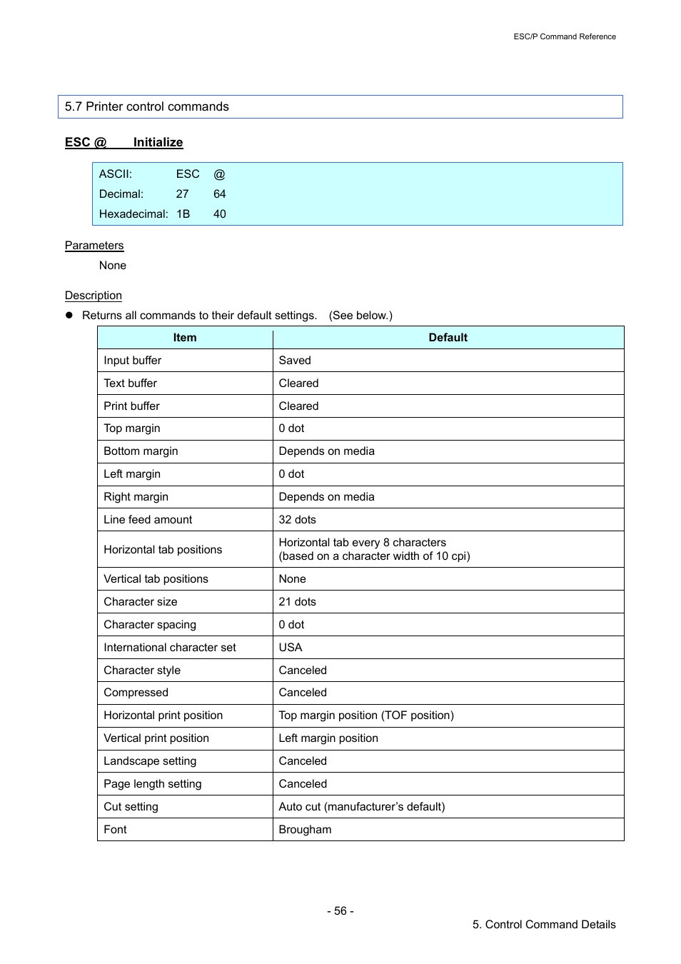 7 printer control commands, Esc @ initialize, Initialize | Brother RJ-4040 User Manual | Page 62 / 116