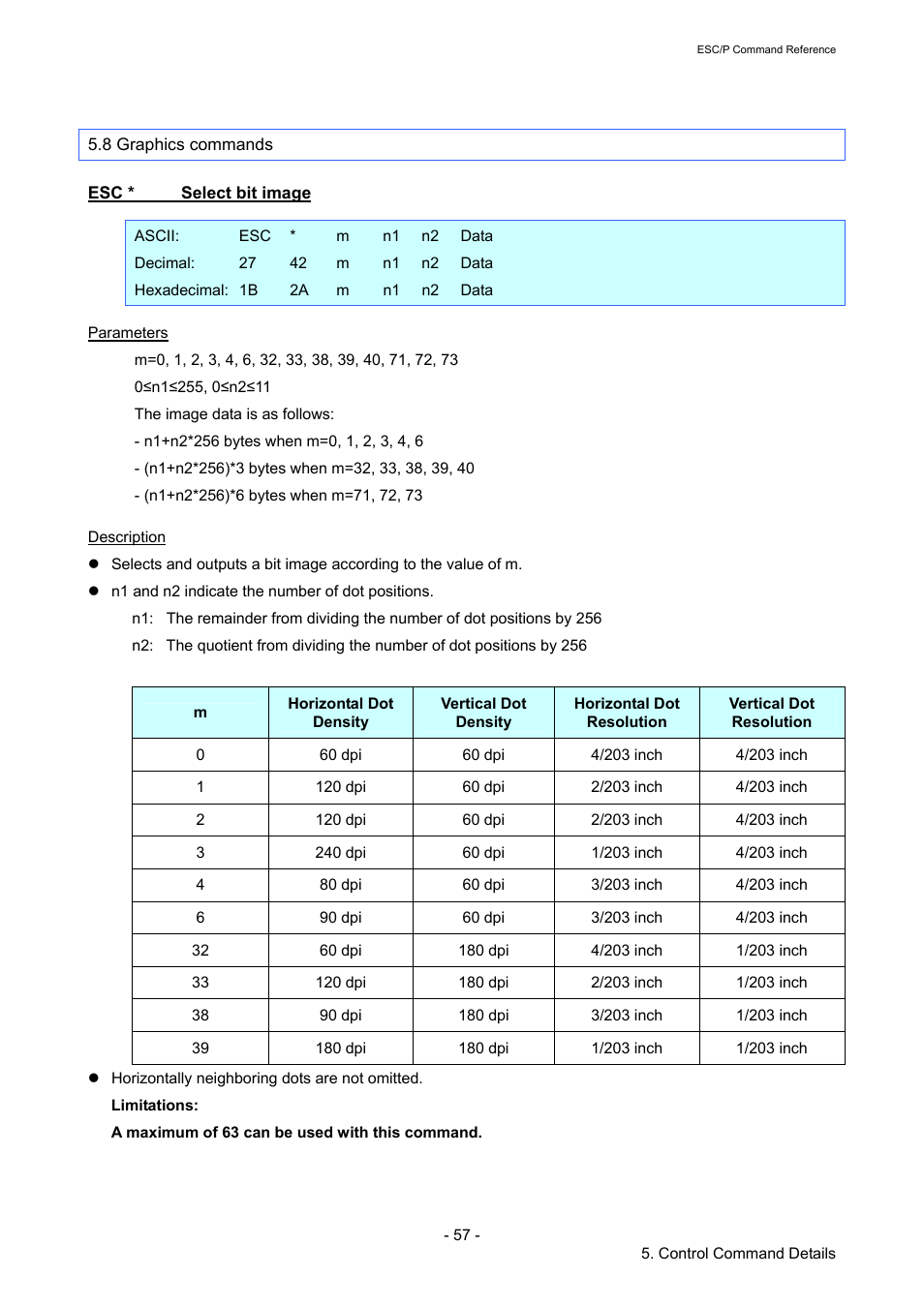 8 graphics commands, Esc * select bit image, Select bit image | Brother RJ-4040 User Manual | Page 63 / 116