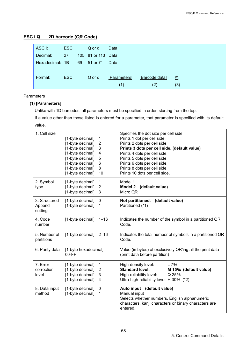 Esc i q 2d barcode (qr code), Esc i q, 2d barcode (qr code) | Brother RJ-4040 User Manual | Page 74 / 116