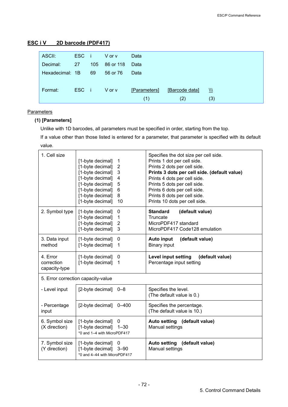 Esc i v 2d barcode (pdf417), Esc i v, 2d barcode (pdf417) | Brother RJ-4040 User Manual | Page 78 / 116