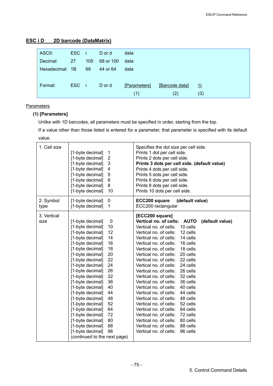 Esc i d 2d barcode (datamatrix), Esc i d, 2d barcode (datamatrix) | Brother RJ-4040 User Manual | Page 81 / 116